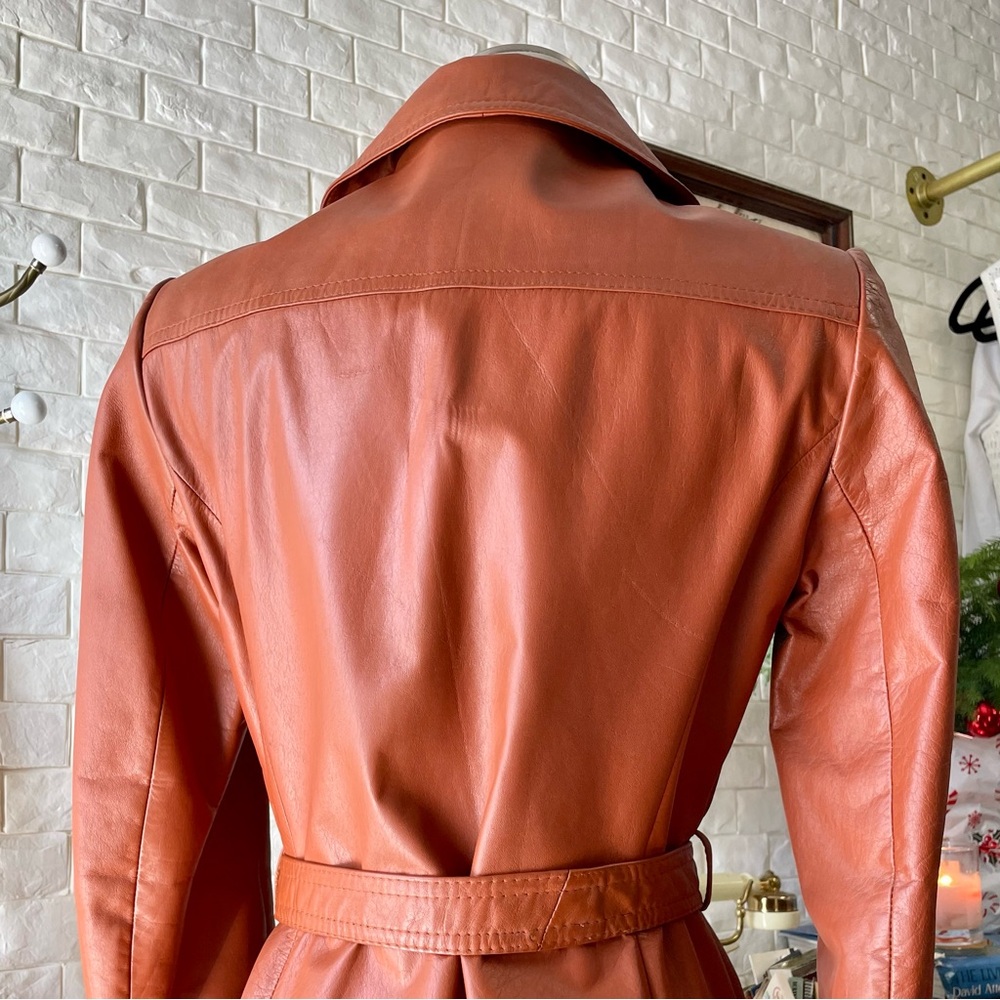 Vintage 1970s Split End Rust Orange 100% Leather Long Belted Trench Coat - Picture 8 of 17